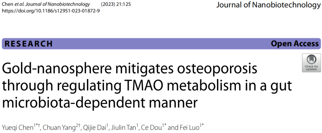 项目文章(IF=10.2) | 金纳米球：调节TMAO代谢，抗骨质疏松的新希望(图1)
